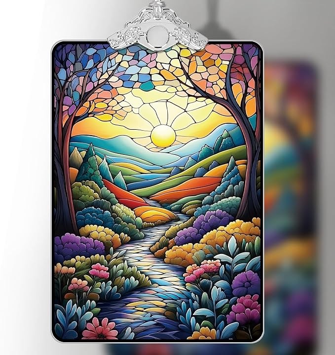 Colorful Mountain Path Landscape Stained Glass Ornament, 2025 Christmas Tree Hanging Decoration for Gift Exchange or Stocking Stuffer, Nature Holiday Decor, 3.8 x 2.4 Inch