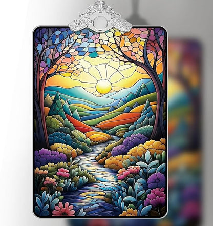 Colorful Mountain Path Landscape Stained Glass Ornament, 2025 Christmas Tree Hanging Decoration for Gift Exchange or Stocking Stuffer, Nature Holiday Decor, 3.8 x 2.4 Inch