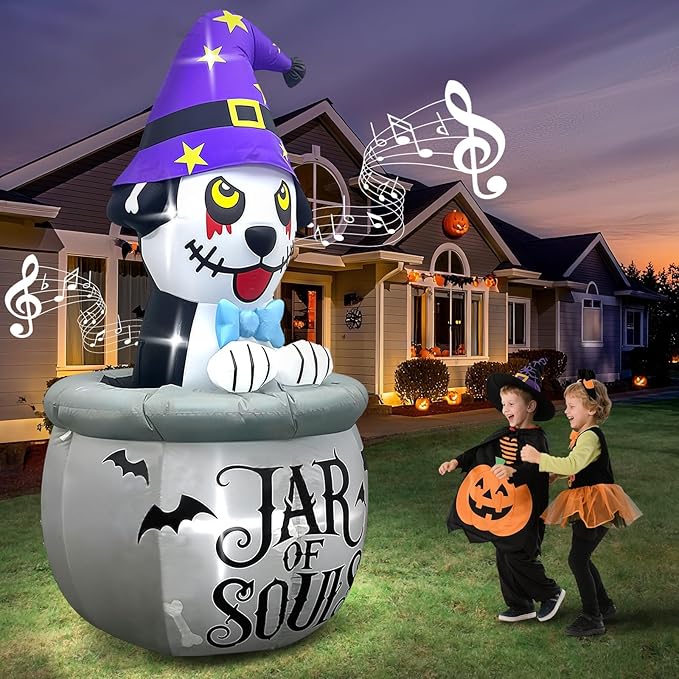 Kalolary 7FT Halloween Inflatables Animated Puppy Dog with Music, Witch Cauldron Halloween Blow Up Yard Decoration with Built-in LEDs for Indoor Outdoor Holiday Party Garden Lawn Decor