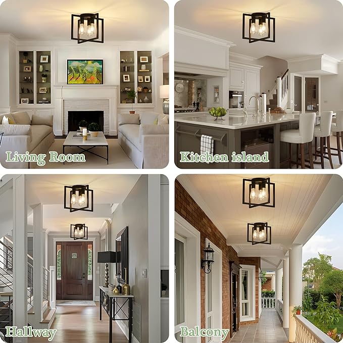 3-Light Ceiling Light Fixture, Black Semi-Flush Mount Chandelier with Geometric Metal Shade, Farmhouse Industrial Lighting for Kitchen Living Room Bedroom Hallway Foyer, E26 Base