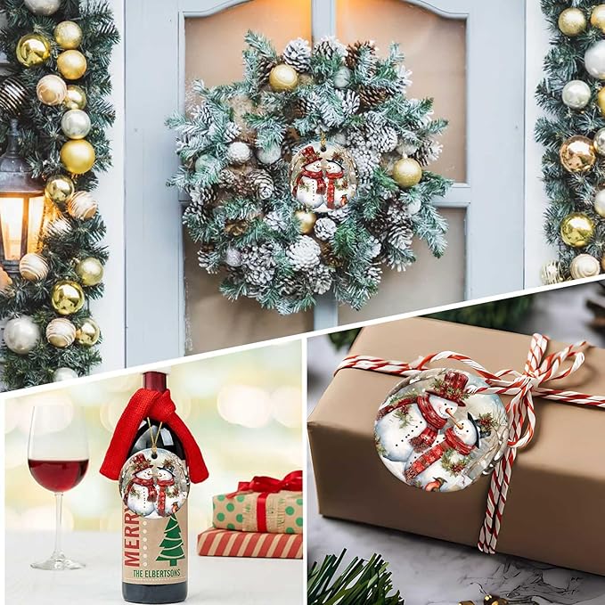 Snowman Couple Ornaments Winter Holiday Round Ceramic Colorful Hanging Ornament Christmas Keepsake Decor for Xmas Tree Winter Holiday Xmas Gift for Women Men 3"