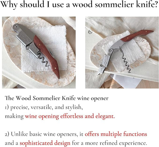 Professional Wood Grapevine Pattern Sommelier Knife With Beige Leather Wine Keyring with Ergonomic Wood Grip, Beer Bottle Opener Foil Cutter Waiters Corkscrew Wine Opener