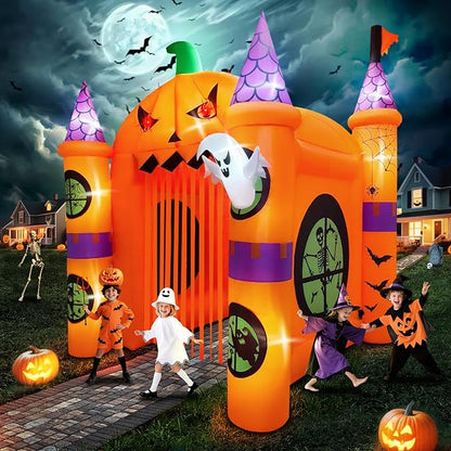 Kalolary 12FT Halloween Inflatables Archway Pumpkin Haunted House, Giant Pumpkin Ghost Arch Inflatable with Built-in Lights Blow Up Halloween Outdoor Yard Decoration for Garden Lawn Outdoor Decors