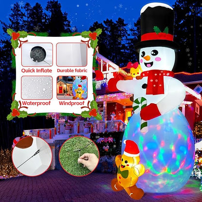 AerWo 14FT Giant Christmas Inflatable Outdoor Decoration, Christmas Blow Ups Yard Decorations Snowman with Gingerbread Man Inflatables, Christmas Inflatables with Rotating LEDs for Lawn Xmas Decor