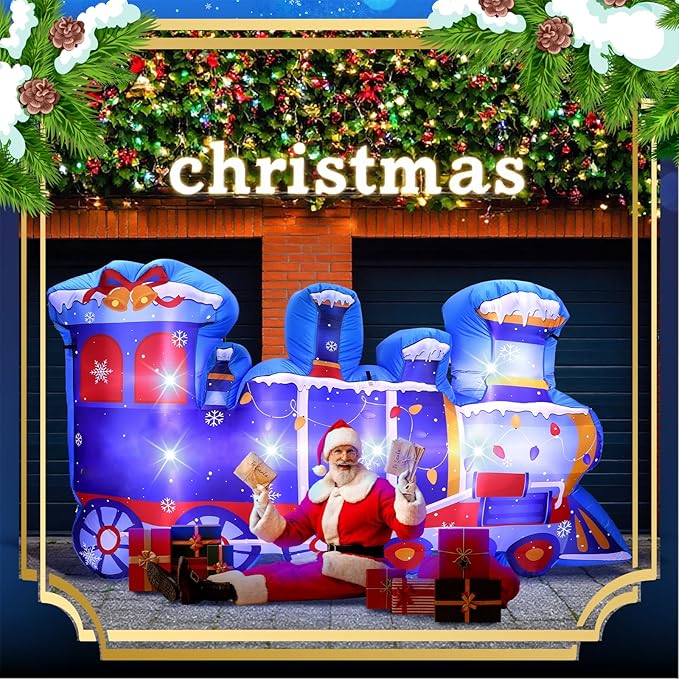 VIHOSE 8 ft Length Christmas Polar Train Inflatable Outdoor Decoration Christmas Blow Up Polar Train Winter Birthday Photo Props Built-in LED Light for Xmas Birthday Party Holiday