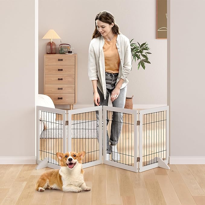Dog Gate Indoor, Metal Dog Gates for Doorways House, 24-Inch Freestanding Pet Gates for Dogs, Puppy Fence (4 Panel, White)
