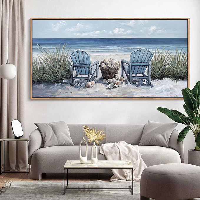 HGUAOA Coastal Wall Art - Large Landscape Wall Pictures for Living Room, Bedroom Pictures, Ocean Beach Artwork, Blue Above Bed Decor, Coastal Landscape Wall Art,Framed Beach Pinting