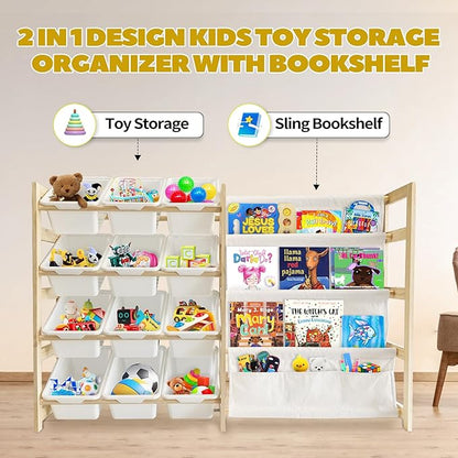 Toy Storage Organizer with Bookshelf - 12 Storage Bins 4-Tier Multipurpose Shelf to Organize Toys and Books for Kids Room, Playroom, Nursery Room, White