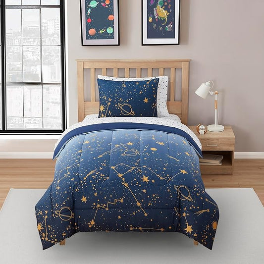 Kids Bedding Set Bed in a Bag for Boys and Girls Toddlers Printed Sheet Set and Comforter, Twin, Galaxy