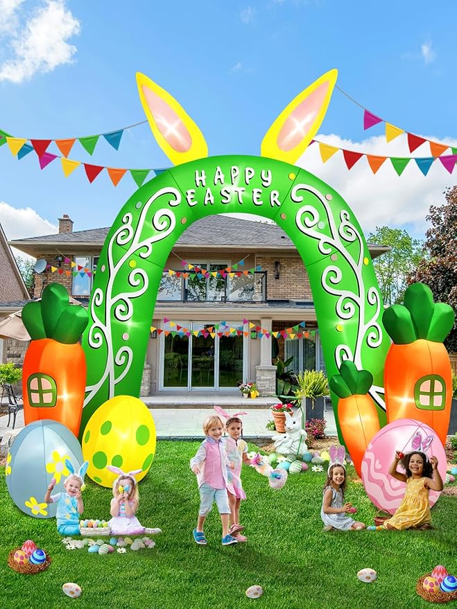 Kalolary 12FT Easter Arch Inflatables Outdoor Decorations, Cute Bunny Rabbit with Eggs Easter Inflatable Built in LED Lights Blow Ups for OutsideHoliday Party,Outdoor,Garden,Yard Lawn Decor