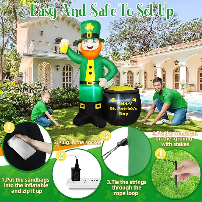 6FT St Patricks Day Inflatables Outdoor Decorations, Leprechaun Inflatable Holds Beer Cup with Pot of Gold Built-in LED Lights, St Patricks Day Decorations for Party Holiday Yard Garden Decor