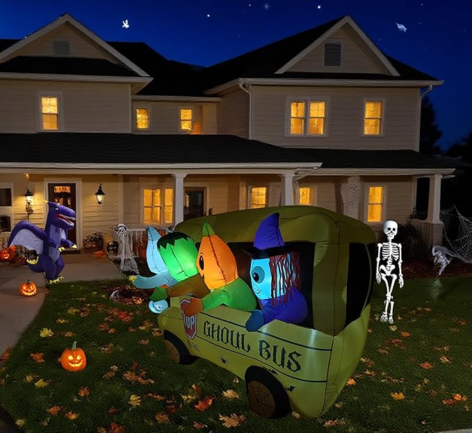 8FT Halloween Inflatable Ghoul Bus with LED Lights - Giant Haunted School Bus Yard Decoration for Outdoor Halloween Party, Haunted House, Trick or Treat Decor (Ghost, Pumpkin, Witch Design)