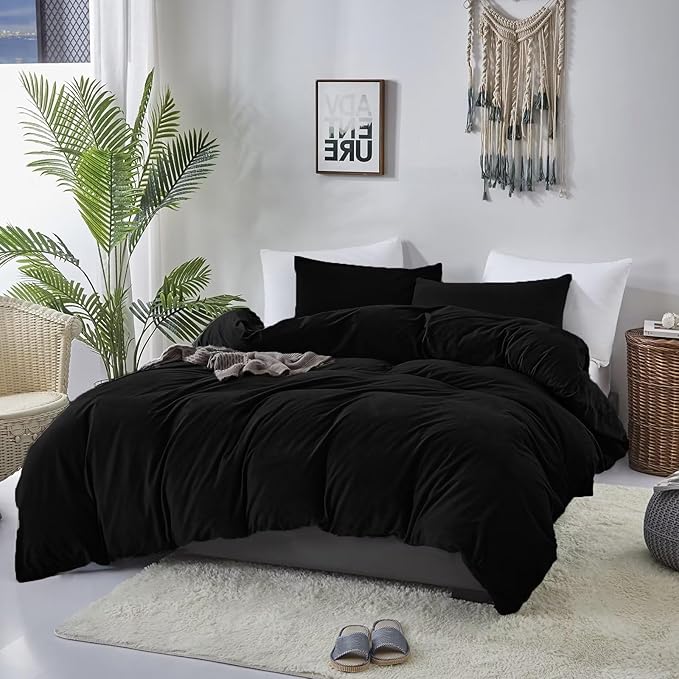 Cottonight Velvet Comforter Set Queen Black Flannel Bedding Comforter Set Dark Color All Black Plush Fluffy Blanket Quilts Modern Winter Warm Thick 3 Piece Soft Solid Black Bedding Set for Women Men
