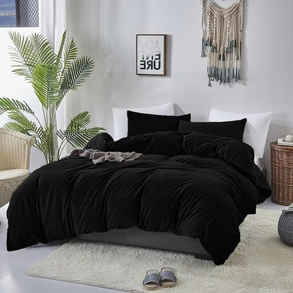 Cottonight Velvet Comforter Set Queen Black Flannel Bedding Comforter Set Dark Color All Black Plush Fluffy Blanket Quilts Modern Winter Warm Thick 3 Piece Soft Solid Black Bedding Set for Women Men