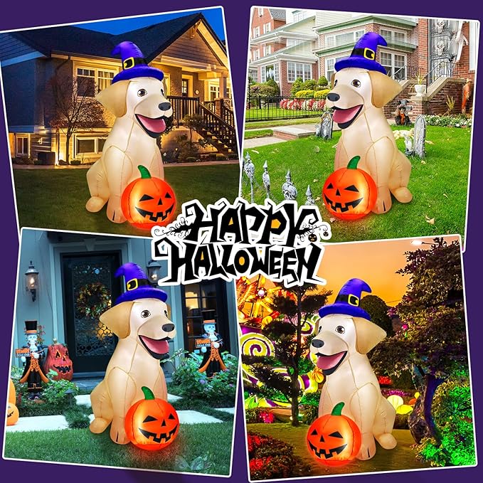 5Ft Halloween Inflatables Decorations Outdoor Vivid Lab Dog with Build-in Bright LED Blow Up Yard Decoration with Witch Hat Halloween Decorations Outdoor for Holiday Party Indoor Garden Lawn Home