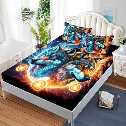 AILONEN Boys Wolf Fitted Sheet Set Full Wolf Bed Sheet Set, Wildlife Animal Theme Fitted Sheet with 2 Pillowcases,3 Pieces Ice and Fire Light Wolves Print Fitted Sheet Set