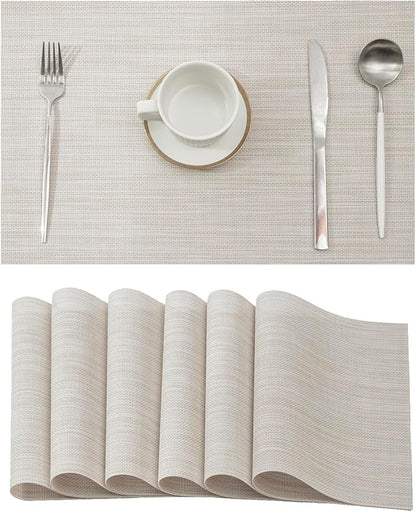 Leetaltree Beige White Placemats Set of 6 - Heat Resistant Non-Slip Place mats for Dining Table, Washable Durable PVC Vinyl Woven Table Mats（Beige White, 6）