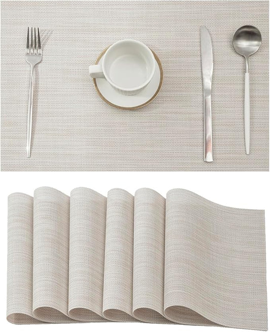 Leetaltree Beige White Placemats Set of 6 - Heat Resistant Non-Slip Place mats for Dining Table, Washable Durable PVC Vinyl Woven Table Mats（Beige White, 6）