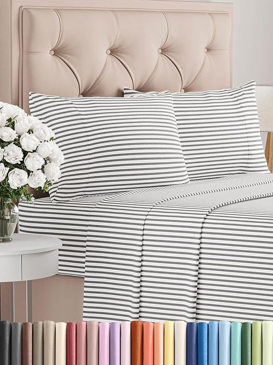 CGK Linens Twin 4 Piece Sheet Set - Cooling Sheets for Hot Sleepers - Hotel Luxury Bedding Set with 8-16 Inch Deep Pockets - 1 Flat & 1 Fitted & 2 Pillowcases - Soft and Wrinkle Free - Grey Stripes