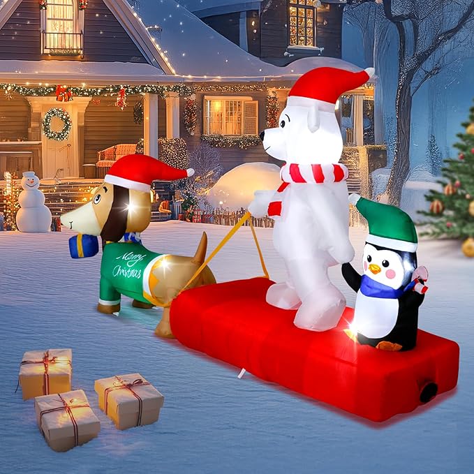 8FT Long Christmas Inflatable Dog Sled with Polar Bear & Penguin, LEDs Lighted Blow Up Outdoor Decoration for Xmas, Weiner Dog Sleigh Décor for Indoor Garden Yard Lawn Party Patio