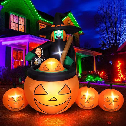 7 FT Tall Halloween Inflatables Witch Pumpkin Pot Outdoor Decorations Blow Up Yard with Built-in LEDs for Lawn Garden Holiday Indoor Party Decor
