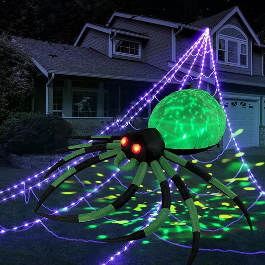 8FT Wide Halloween Inflatable Outdoor Decoration, Green Spider Inflatable Halloween Decorations Built-in Rotating Green Lights Blow up Spider Decorations for Holiday Party Yard Garden