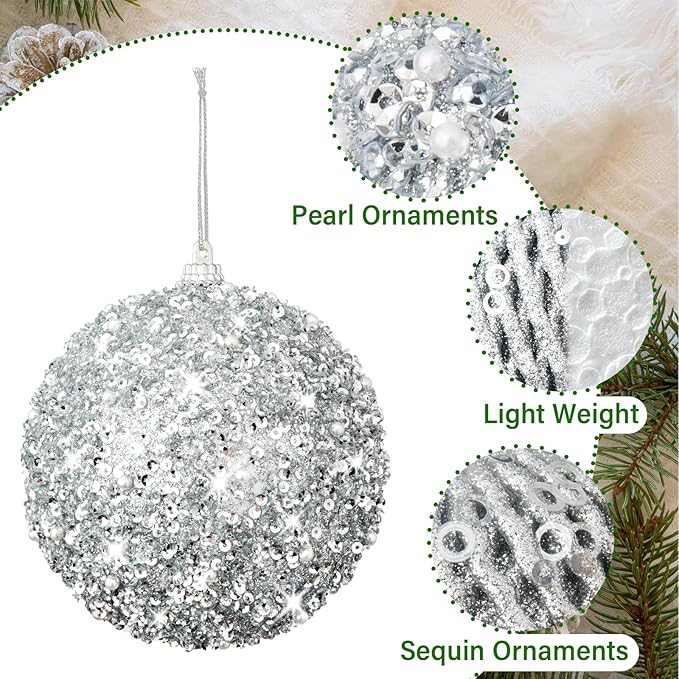 6pcs 3.94" Christmas Ball Ornaments Glitter Shatterproof Christmas Tree Ornaments Sequin Xmas Hanging Balls Decorations for Wedding Party Holiday(Silver, 6pc-10cm)