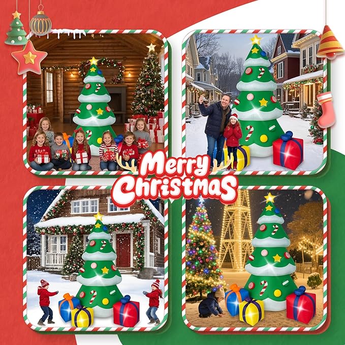 7 FT Christmas Inflatable Tree Outdoor Decorations, Blow up Christmas Tree with 3 Gift Boxes Yard Decoration Built-in LED Lights for Garden Lawn Holiday Decor
