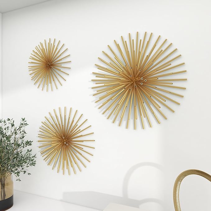 Deco 79 Metal Starburst Home Wall Decor 3D Wall Sculpture, Set of 3 Wall Art 16", 20", 24"D, Gold