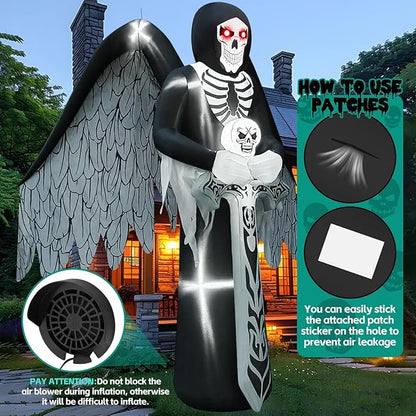 12FT Halloween Inflatables with LED Light, Kalolary Giant Winged Grim Reaper Inflatable Scary Halloween Outdoor Blow Up Decoration Halloween Yard Inflatable for Garden Lawn Home Holiday Party Supplies