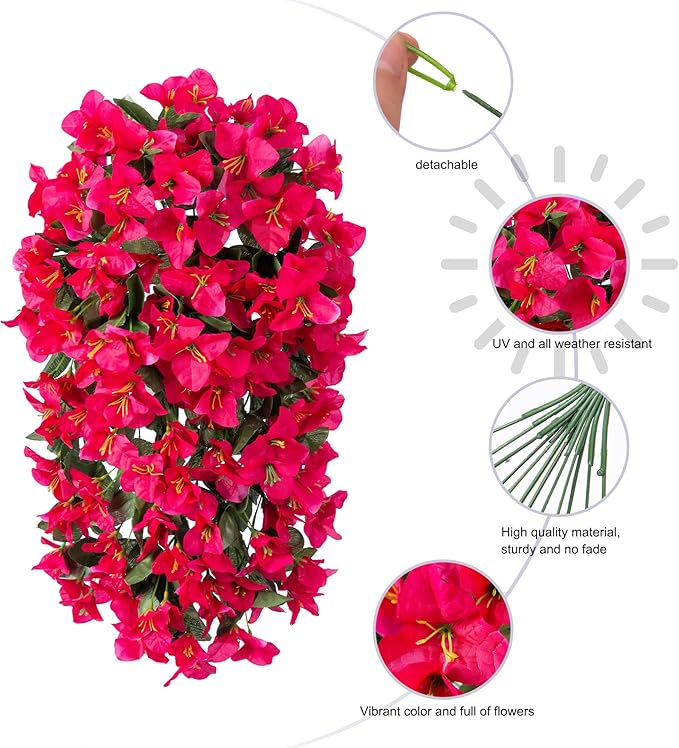 Artificial Faux Bougainvillea Flowers Plants for Outdoor Outside Summer Decoration, 2 PCS Fake Silk Long Trailing Vines UV Resistant Realistic for Front Door Porch Planter Urn Patio Balcony, Hotpink