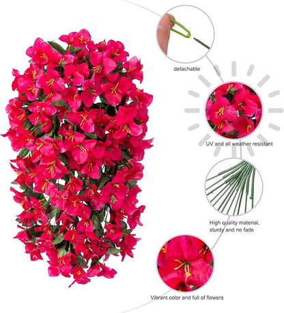 Artificial Faux Bougainvillea Flowers Plants for Outdoor Outside Summer Decoration, 2 PCS Fake Silk Long Trailing Vines UV Resistant Realistic for Front Door Porch Planter Urn Patio Balcony, Hotpink