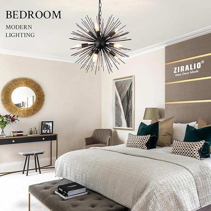 20" Black Sputnik Chandelier Vintage 9-Light Geometric Starburst Chandelier Light Fixture Farmhouse Solid Metal Black Sputnik Chandeliers for Dining Room, Kitchen, Bedroom, Living Room