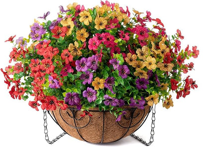 Artificial Faux Hanging Plants Flowers Basket for Summer Outdoor Outside Decoration, Fake Silk UV Sun Resistant Look Real Colorful Daisy Eucalyptus for Porch Home Patio Balcony Yard