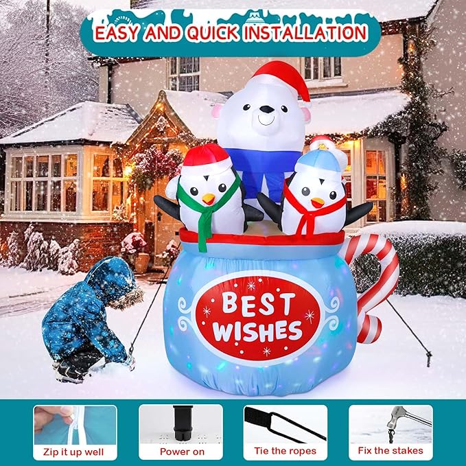 Dawdix Christmas Inflatables Decorations with Colorful Light, 6FT Inflatable Polar Bear & Penguins in Hot Cocoa Mug, Blow Up Outdoor Decorations for Xmas Holiday Yard Garden Lawn Party