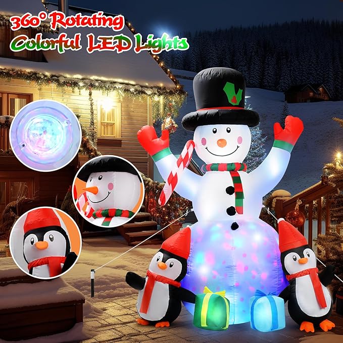 6ft Christmas Inflatables Outdoor Decorations Embrace Snowman and Penguins Built-in Colorful Rotating Led Lights Blow Up Snow Man Wear Magic Hat Yard Decor for Party Indoor Garden Lawn Xmas