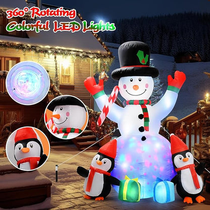 6ft Christmas Inflatables Outdoor Decorations Embrace Snowman and Penguins Built-in Colorful Rotating Led Lights Blow Up Snow Man Wear Magic Hat Yard Decor for Party Indoor Garden Lawn Xmas