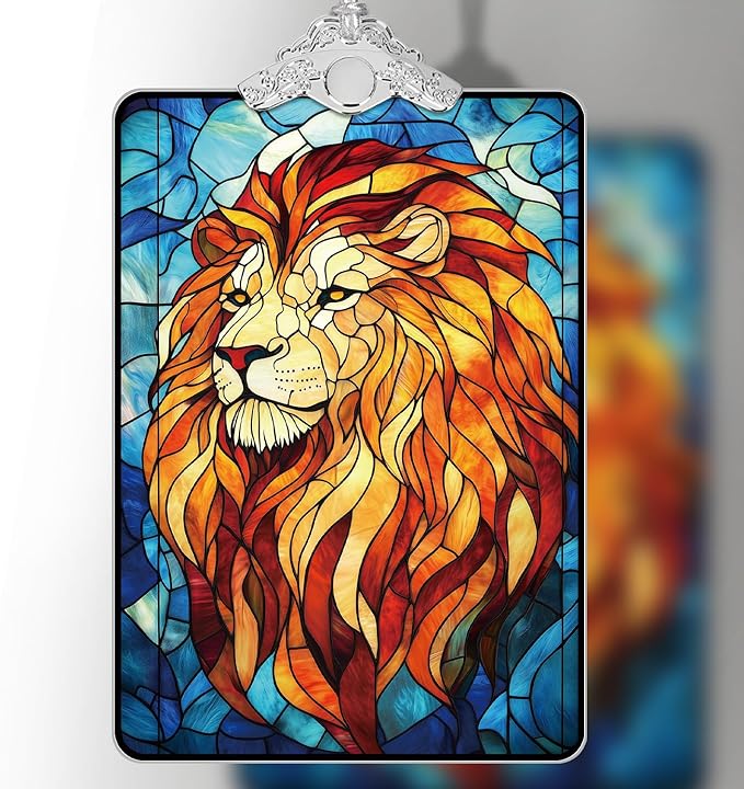 Lion Stained Glass Ornament, 2025 Christmas Tree Hanging Decoration for Gift Exchange or Stocking Stuffer, Holiday Safari Animal Decor, 3.8 x 2.4 Inch
