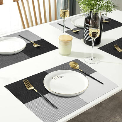 HeloHo Placemats Set of 4 Black and White Grid PlacematsPlacemats Washable Vinyl Woven Table Mats Wipeable Dining Placemat for Kitchen Dining Table Decoration Indoor Outdoor