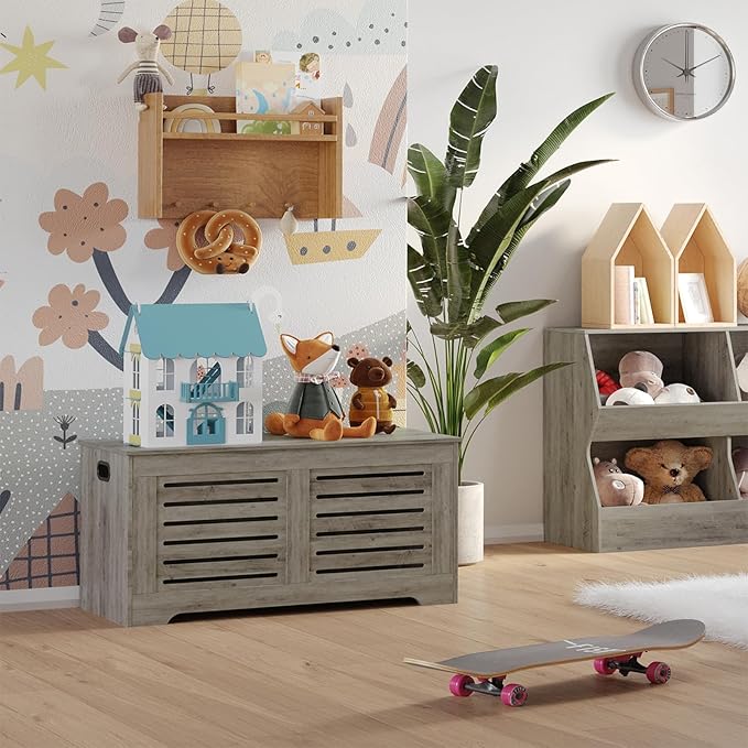 DINZI LVJ Storage Chest, 43.3” Wooden Toy Box with 2 Safety Hinges, Retro Entryway Shoe Storage Bench with Flip-Top, Sturdy Large Storage Trunk for Living Room, Bedroom, Easy Assembly, Gray Wash