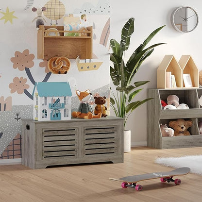 DINZI LVJ Storage Chest, 43.3” Wooden Toy Box with 2 Safety Hinges, Retro Entryway Shoe Storage Bench with Flip-Top, Sturdy Large Storage Trunk for Living Room, Bedroom, Easy Assembly, Gray Wash