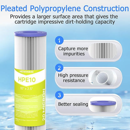 20 Micron Whole House Water Filter Cartridge, Pleated Sediment Filters for Well Water, Universal Replacement for Any 10 inch RO Unit - 10" x 2.5" Cartridges - Pack of 4