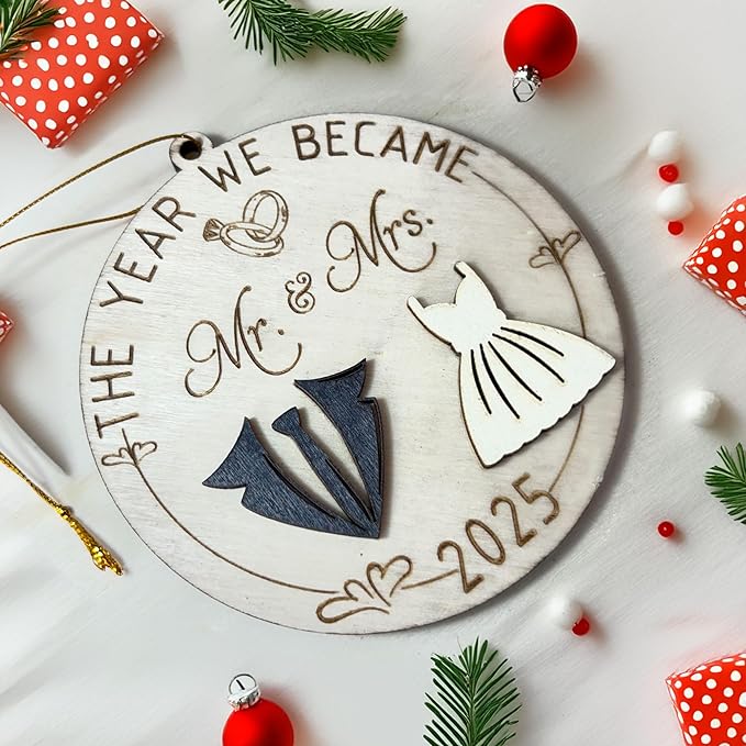 Mr and Mrs 2025 Wedding Gifts - First Christmas Married Ornament for Couples, Bride - Easily Add Personal Name With Marker (Not Included)