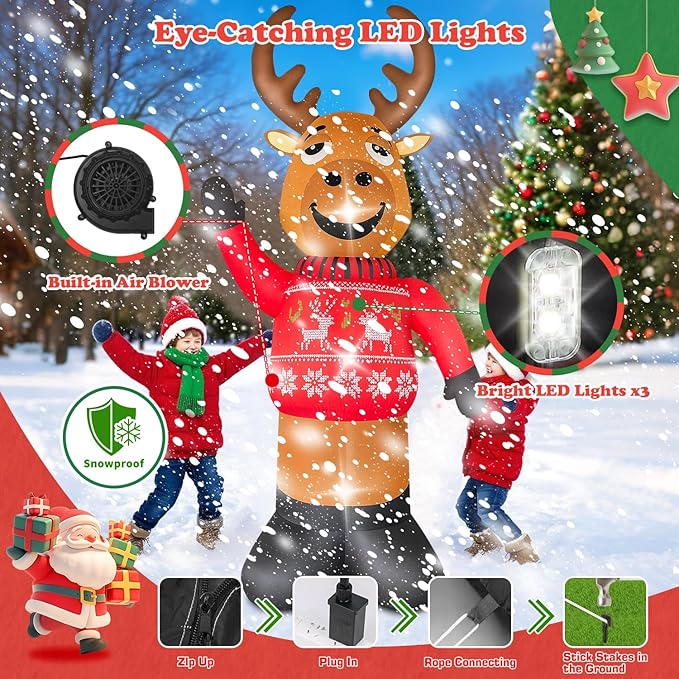 8 FT Christmas Decorations Outdoor Inflatables Giant Deer Yard Decor with Build-in LEDs Blow Up for Christmas Party Indoor Outdoor Yard Garden Lawn Patio