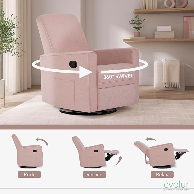 Evolur Glider Swivel Raleigh Upholstered Plush Seating, Rose