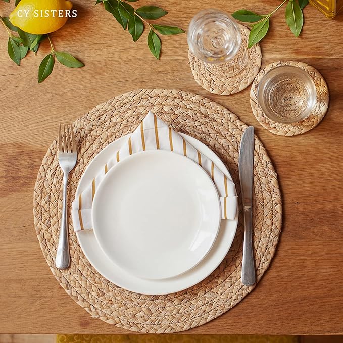 Round Woven Placemats Set of 6 with 6 Coasters Natural Water Hyacinth Place Mats, 13.5 Inch Rattan Placemats Wicker Farmhouse Boho Straw Heat Resistant Outdoor Placemats Patio Table Mats