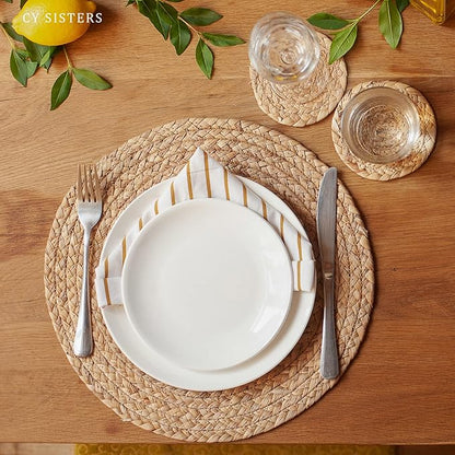 Round Woven Placemats Set of 6 with 6 Coasters Natural Water Hyacinth Place Mats, 13.5 Inch Rattan Placemats Wicker Farmhouse Boho Straw Heat Resistant Outdoor Placemats Patio Table Mats