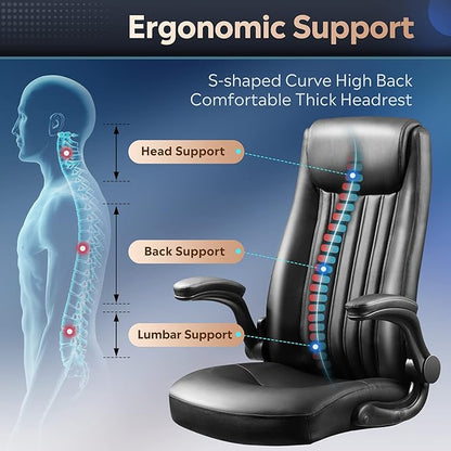 DEVAISE Executive Chair Computer Office Chair, High Back Ergonomic Desk Chair with Adjustable Flip-up Armrests, Lumbar Support and Thick Headrest, Black