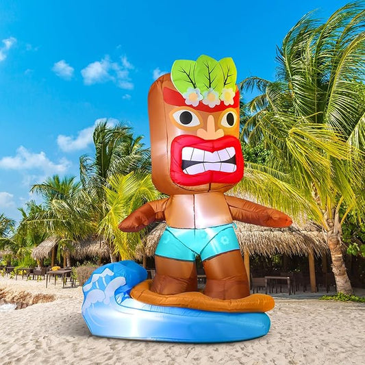 Shappy 5 ft Inflatable Tiki Flamingo Surfboard Luau Hawaiian Party Decorations Summer Inflatables Outdoor LED Lighted Tiki Blow up Beach Tropical Pool Surfing Yard Party Supplies Favors(Surfboard)
