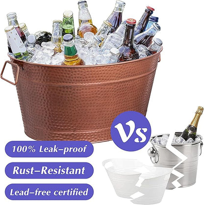 Large Ice Buckets with Handles for Parties, IKAYAS Beverage Tub Rose Copper Stainless-Steel Ice Tub with Scoop and Tongs for Cocktail Bar Mimosa Bar Supplies